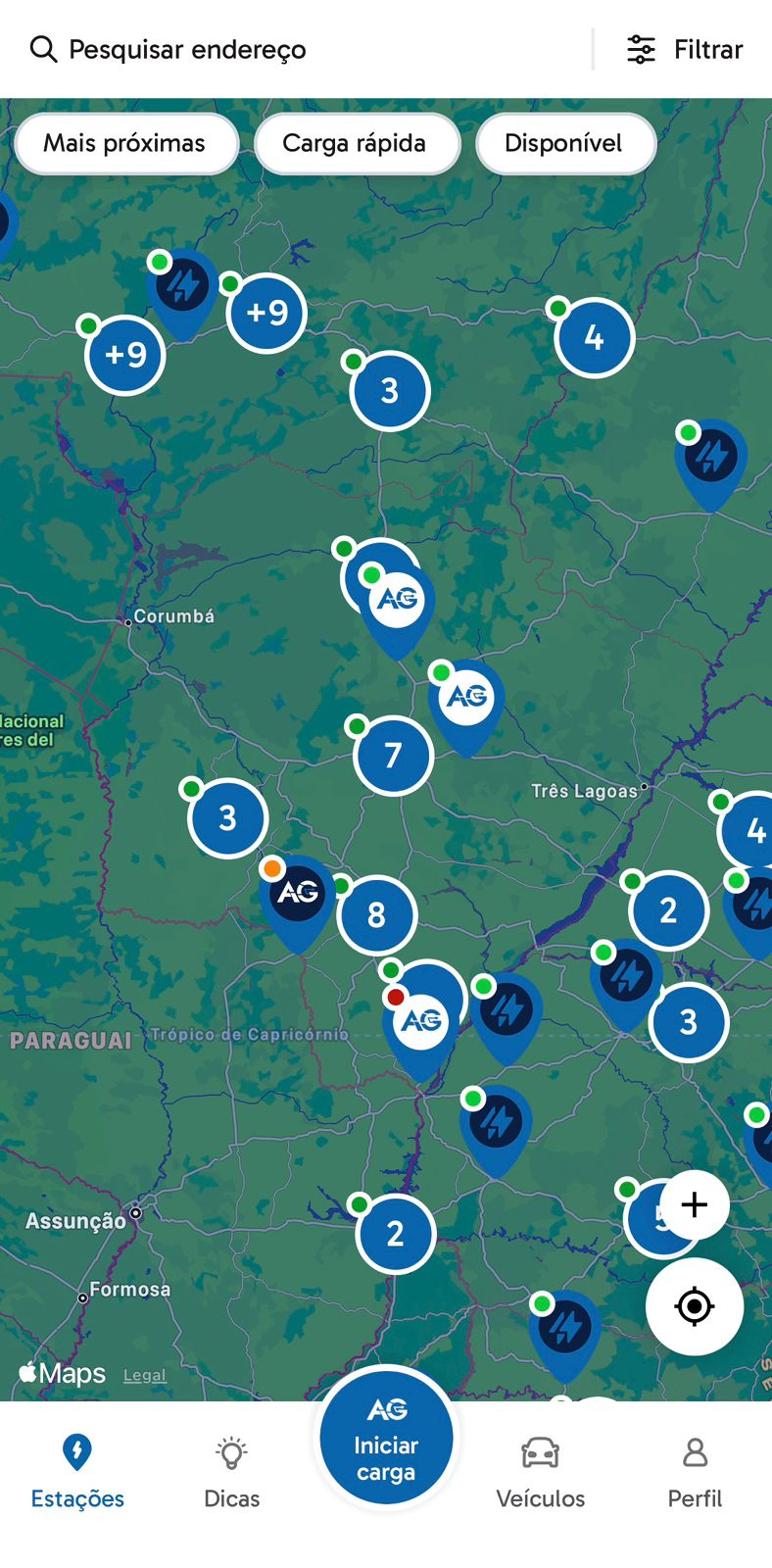 Mapa do aplicativo AG Power com pontos de recarga